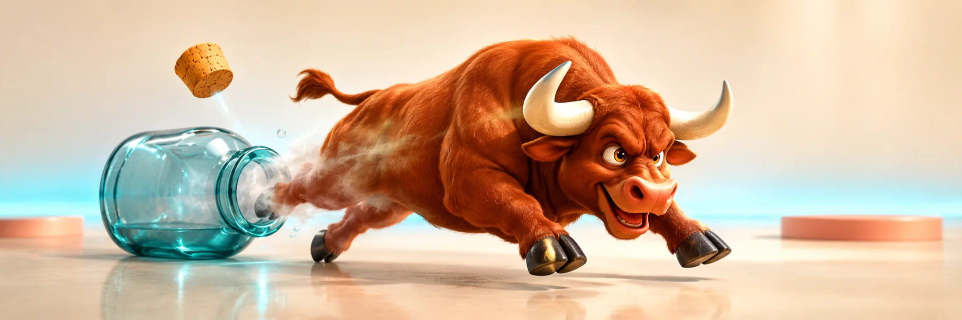 The bull leaving the bottle at full speed as the cork flies off.